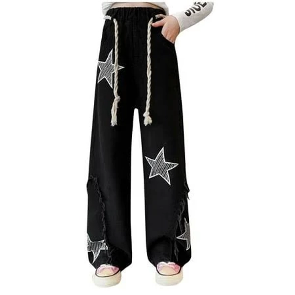 Penkiiy Trendy Girls Star Jeans | Wide Leg Pants for Teens - Stylish, Comfortable & High Waisted (5-16 Years), Girl's, Size: 11 Years, Black