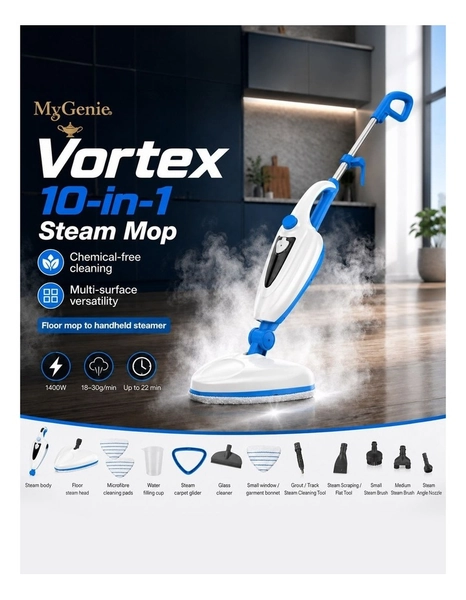 MyGenie Vortex 10-in-1 Steam Mop, 1400W Multi-Surface Cleaner & Handheld Steamer