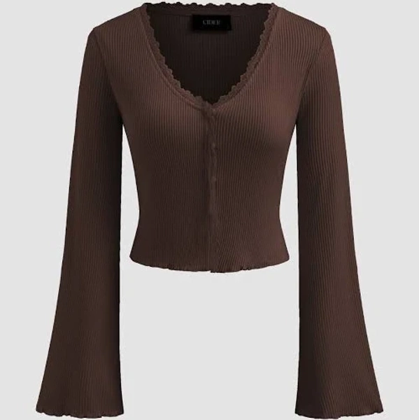 CIDER Women's Knit Fabric V-Neck Lace Lettuce Trim Long Sleeve Solid Daily Casual Crop Top