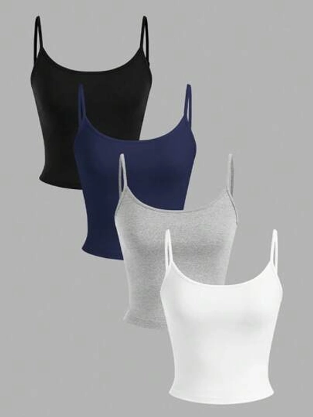 SHEIN EZwear 4pcs Women Tight Fitted Cropped Casual Tank Top, Suitable For Summer Back To School