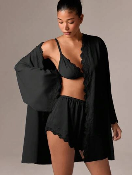 AiiRZ Women Satin Lace Triangle Bra Shorts Robe Pajama Set Loungewear Sleepwear Intimate Apparel Nightwear Lingerie Collection Bedroom Essentials