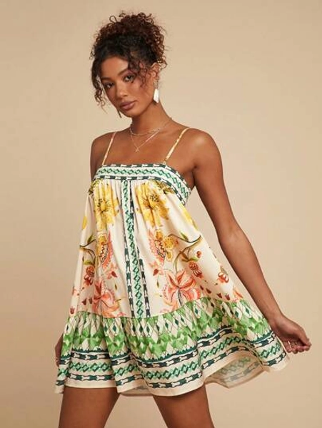 Travachic Women's Floral Print Slip Dress,Beige Summer Boho Holiday Vacation,Casual Bohemian Outfits For Beach Music Festival,Concert & Wedding Season Clothes - Size XS