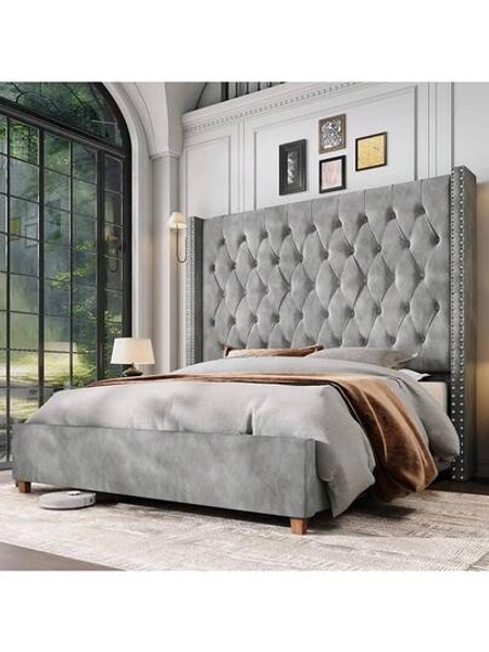 Merluxy Luxury Velvet Wingback Bed Frame With 61.4" Tall Button Tufted Headboard - Platform, Solid Wood Legs, Modern Glam, Grey