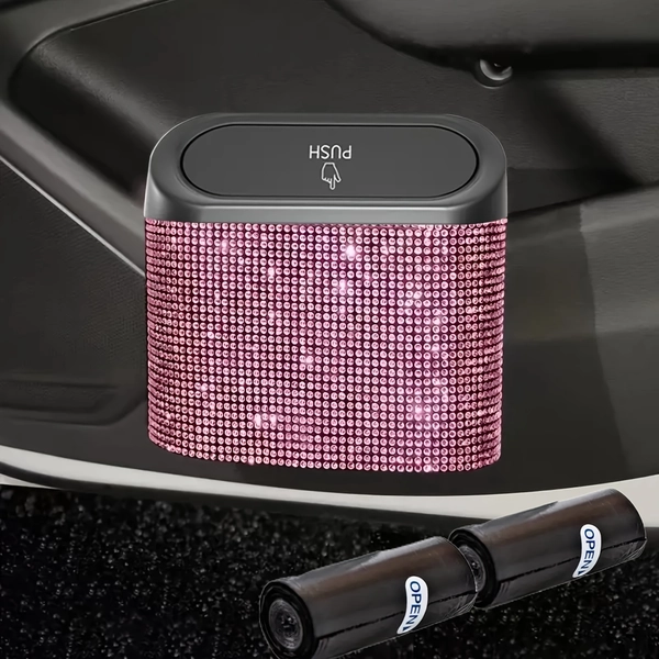 3pcs/Set 1pc Sparkling Rhinestone Car Trash Can with Lid, Plus 2 Trash Bag-Concealed Hanging Interior Storage Bin, Versatile Car Additions, Leakproof Automotive Garbage Container Bin, Storage Bin for Vehicle Interior, Door, Seat Back, Home, Office