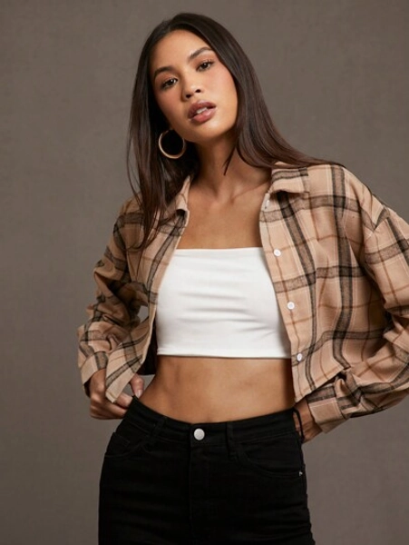 SHEIN Essnce Women's Red Button-Front Long Sleeve Plaid Casual Shirt Long Sleeve Shirt Christmas Shirt Christmas Women Clothes Thanksgiving Shirt Christmas Shirt,Long Sleeve Tops