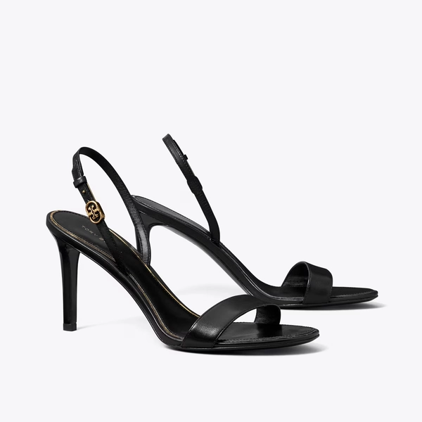 Double T Buckle Heeled Sandal in black, size 12