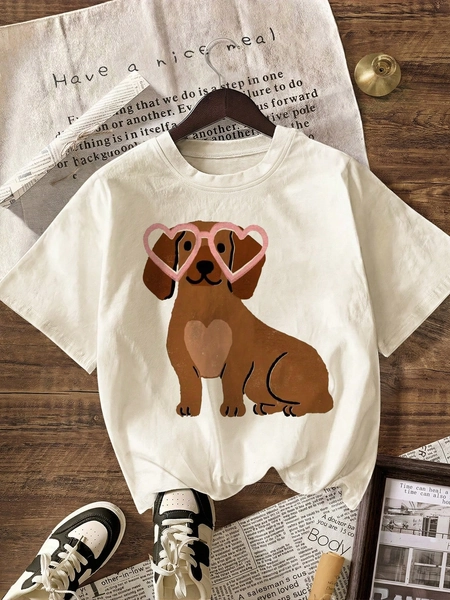 Heart Sausage Dog, His Path Is Good, Valentine's Day Graphic T-Shirt, Summer For Women, Beach For Women, Summer Top, Women's Casual Round Neck Short Sleeve T-Shirt