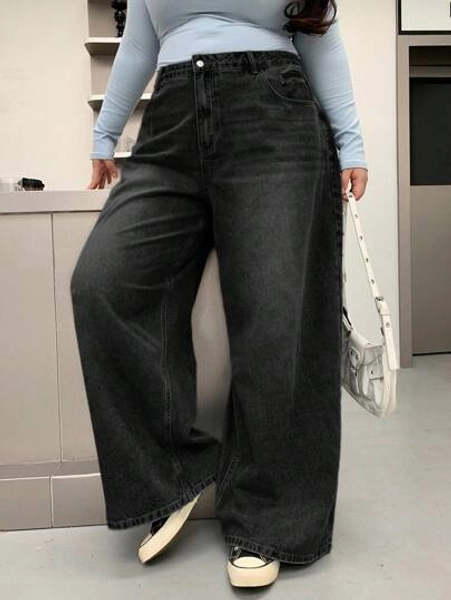 Dazy Plus Plus Size Women Vintage Wash Distressed Wide Leg Long Denim Jeans,Baggy Jeans