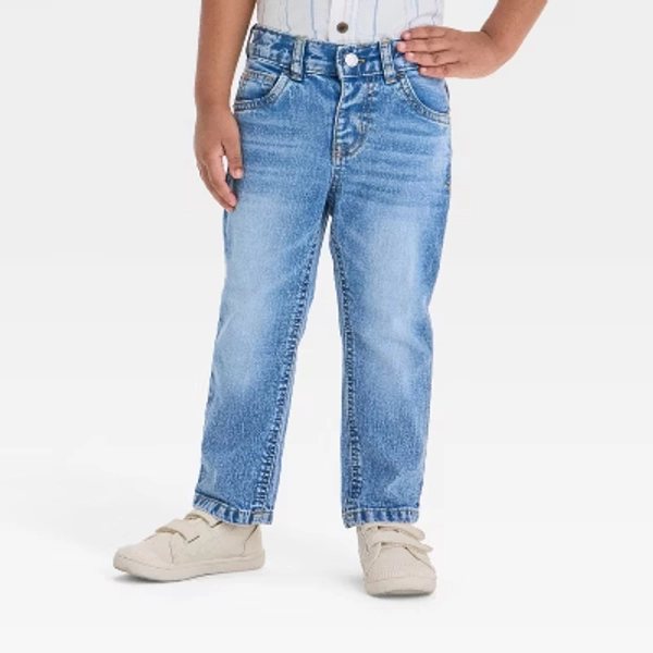 Toddler Boys' Button-Front Straight Leg Denim Pants - Cat & Jack™ Medium Wash 3T: Cotton Blend, Adjustable Waistband, Mid-Rise