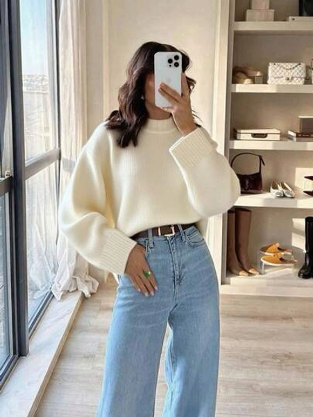 Grey Crew Neck Casual Knit Sweater For Women