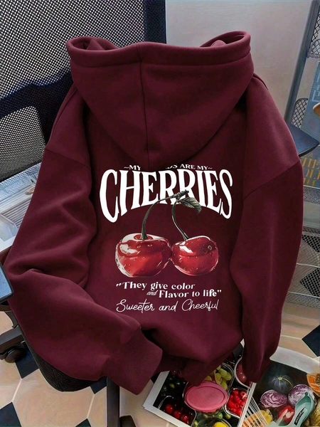 SHEIN Sudadera casual de mujer con estampado de cerezas y hombros caídos