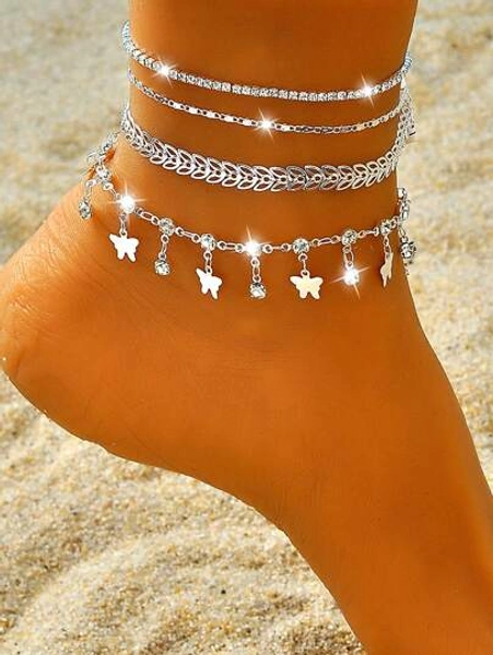 4pcs Fashionable And Simple Heart Shaped Cubic Zirconia Multi-Layer Anklet Set (Random Number Of Beads) For Women Valentines,Mom,Mother,Mother's Day,Gift