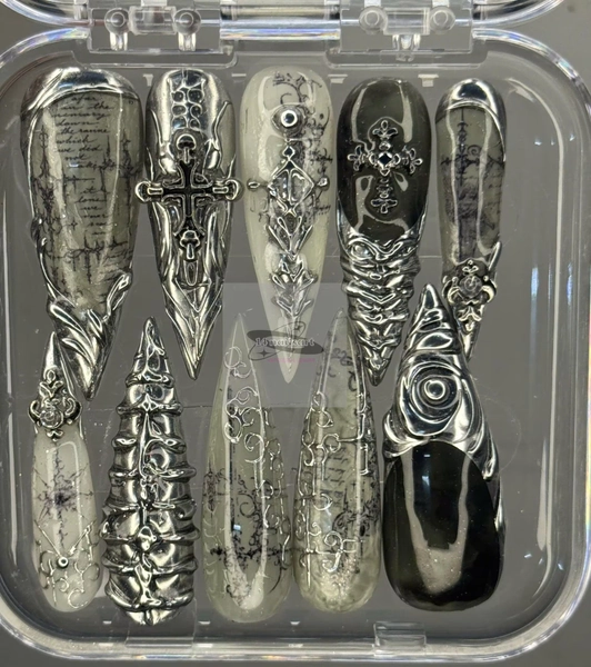 Luxury Gothic Chrome Press On Nails | Black Silver Cathedral Nails | Cross & Script 3D Nail Art | Handmade Fake Nails