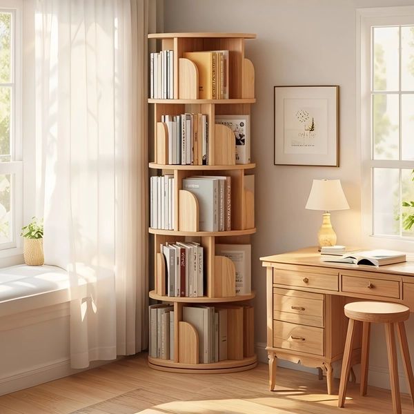 5-Tier Rotating Bookshelf, 360-Degree Display Round Spinning Bookshelf, Space-Saving, Small Space Rotating Bookshelf Tower for Bedroom, Living Room, Home, Office, Walnut