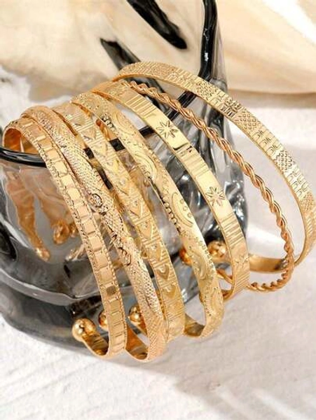 7-Piece Women's Gold Bangle Set – 14K Gold-Plated Stackable Open Cuffs & Classic Embossed Designs, Minimalist  Layering Jewelry, Perfect Gift For Her