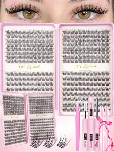 384pcs Natural Cluster False Eyelashes DIY Extension Kit, Fluffy C-Curl Lengthening Individual Fake Lashes, Includes Lash Glue, Sealer And Eyelash Curler, Length 9-12mm