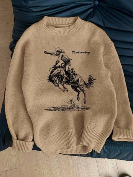Easelle Vintage Western Style Denim Print Brown Pullover Sweater For Women Going Out Tops For Women Fall Clothes For Women Winter