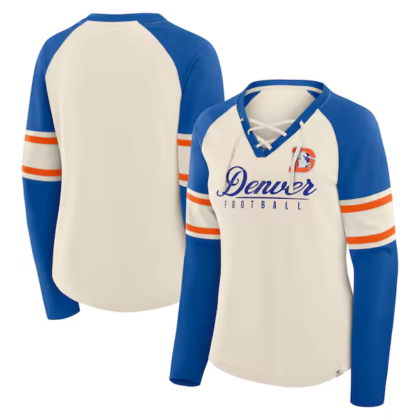 Women's Denver Broncos Fanatics Cream/Royal Hometown Gridiron Hero Raglan Lace-Up V-Neck Long Sleeve T-Shirt