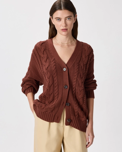 100% Organic Cotton Oversized Cable Cardigan  in Redwood Brown