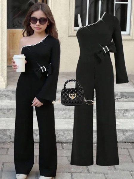 SHEIN Girls Elegant Pearl Oblique Shoulder Long Sleeve Jumpsuit