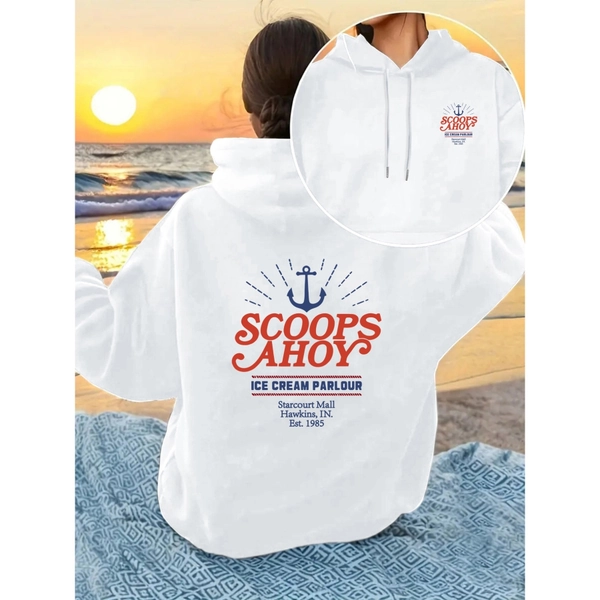 Scoops Ahoy Ice Cream Print Hoodie | Front and Back Panel, Drawstring, Casual Style, Suitable for Winter and Autumn, Women'S Clothing