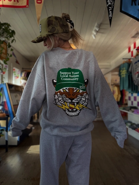 Grey Tiger Crewneck Sweatshirt — PEACE LOVE AUTISM