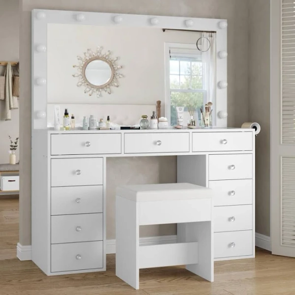 Pisklo Vanity Desk & Power Outl Makeup Vanity with Mirror, 12 LED Lights, 11 Drawers