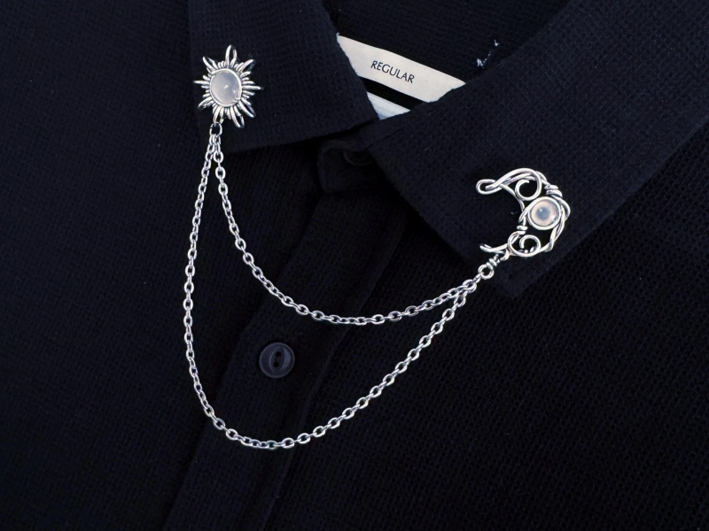 Collar Chain Pin: Gothic Silver or Gold Sun and Moon Brooch - Gothic Accessories