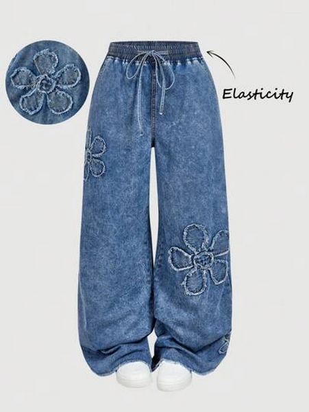 SHEIN MOD Plus Size Women Floral Pattern Drawstring Waist Frayed Hem Wide Leg Loose Baggy Hippie Jeans, Winter Thanksgiving Chic Jeans For Comfortable Everyday Wear