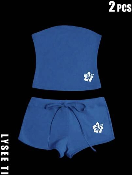 2PCs/Set Women Y2K Backless Sleeveless Top And Floral Print Shorts Summer Sexy Hot Girl Outfits INS Beach Style