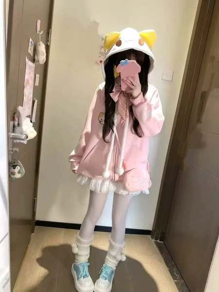 Sweet Kawaii Cartoon Pure Color Loose Zip Up Hoodie Women 2000s Y2k Autumn Winter Japanese Hooded Sweatshirt Lolita Coat Chic - AliExpress 200000345