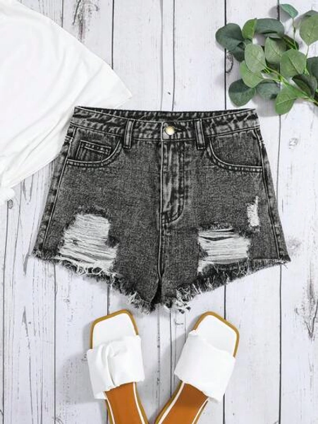 SHEIN Teen Girls Ripped Raw Hem Denim Shorts