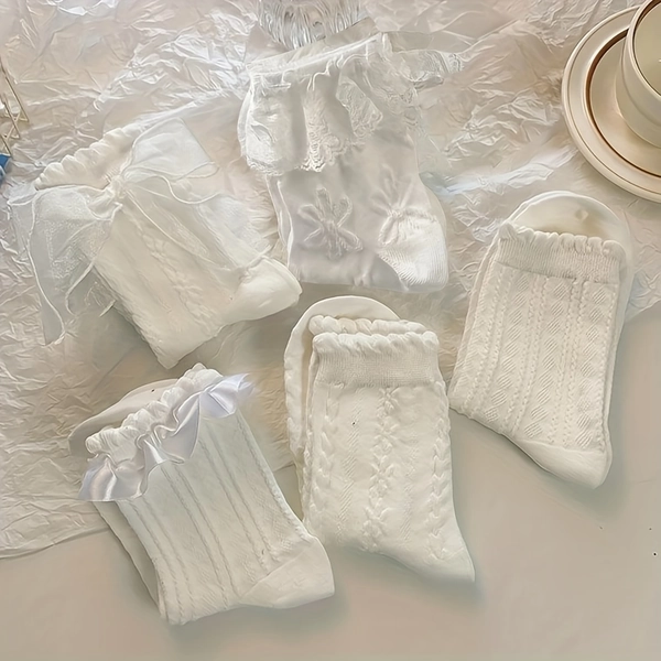 [Lolita Socks] 5 Pairs Lolita Style Socks | White Bow Lace Middle Tube Japanese College Style Princess Socks Sweet JK Streetwear Hosiery