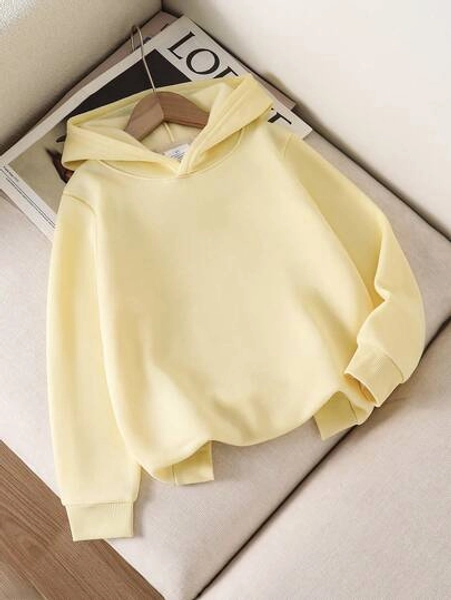 Young Girl Solid Color Long Sleeve Casual Hooded Sweatshirt, Thermal Lined, Autumn/Winter