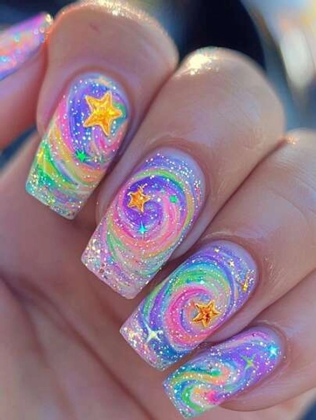 Y2K Enhance Your Look 24Pcs 3D Sculpture Long C-Curve Nail Tips Super Glossy Press On Acrylic Nails Multicolor Fashion Gradient Geometry Stripe Star Design Cartoon Cute Pattern Beauty Simple Style Fake Nails Artificial Finger Manicure False Nails For Women Sweet,Cute,Minimalist,And Elegant Style Nail Art Set With Detachable Fake Nail Patches Suitable For Holiday Wear,Parties,Friends,Dates,Daily Wear Nail Supplies Nails
