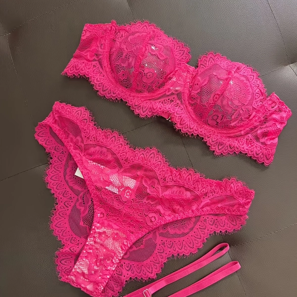 European and American Style Export Version Pink Mist Rose Detachable Strap Sexy Lingerie Set