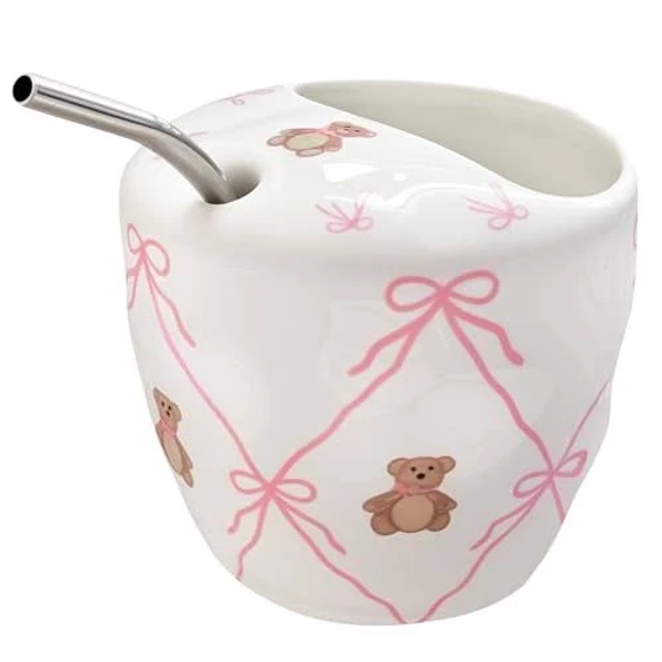 Cute Coffee Mug With Straw 12oz Bow Bear Animals Ceramic Mugs Water Cup For Tea Milk Iced Birthday Gift Women Lovers