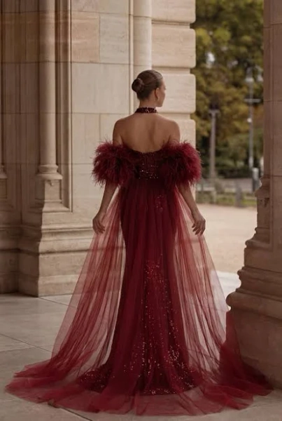 Gothic Burgundy Sequin Evening Dress with Feathered Sleeves Gothic Red Evening Gown with TullePlus