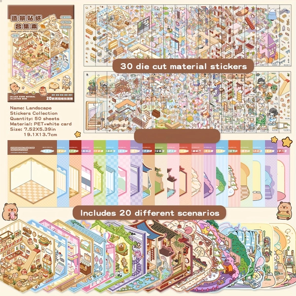 50 Decorative DIY House Stickers, Landscape Stickers, Scene Stickers (30 Material Stickers + 20 White Cards), 3D Miniature Village Stickers for Youngsters' DIY Scrapbook Educational Toy, Reusable, Various Sizes Available