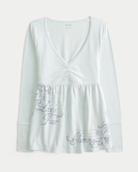Long-Sleeve Pinch Bust Graphic Babydoll Top