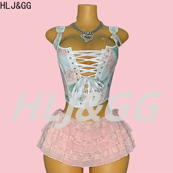 HLJ&GG Y2K Sexy Print Bandage Slim Vest Two Piece Sets Women Sleeveless Backless Crop Top And Ruffle Mini Skirts Outfits Fashion - AliExpress 200000345