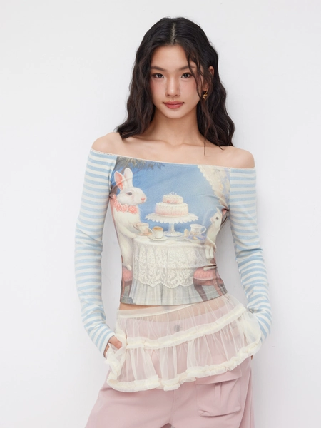 Cotton-blend Off-shoulder Rabbit Graphic Striped Patched Long Sleeve Tee