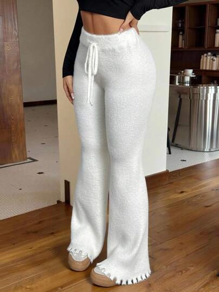 SHEIN EZwear Women's Solid Color Flare Leg Knotted Sweater Pants In Fall/Winter