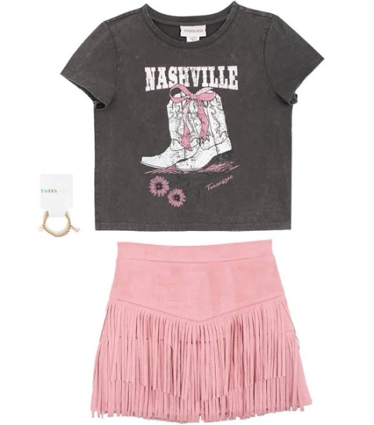 Tween Diva Girls' Nashville Graphic T-Shirt and Fringe Skort Set
