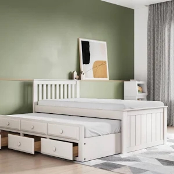 Flair Furnishings - White Single Bed with Pull Out Trundle, Wooden Guest Bed with Storage, Distinct and Stylish, Durable and Long Lasting