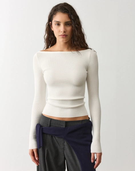 Boat Neck Knit Long Sleeve Top