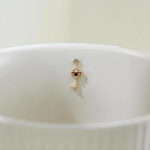 14K Solid Gold Key Garnet Orange Sapphire Moissanite Dangle Charm Diary Key Gemstone Cartilage Helix Pendant Skeleton Key Clicker Charm