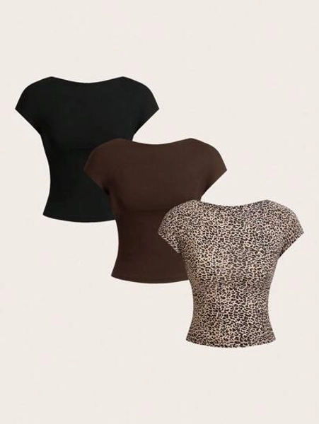 SHEIN EZwear 3pcs Casual Leopard Print Cropped Backless T-Shirts, Suitable For Summer