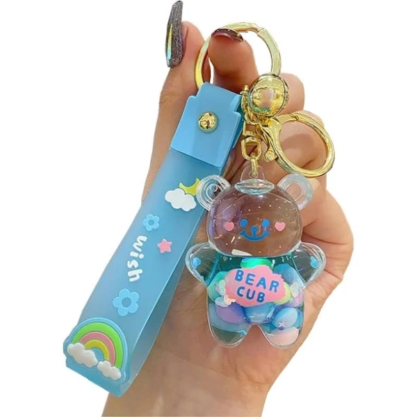 KC ZC Kawaii Keychain Bear Liquid Floating Quicksand Cute Keychains Bag Charm Wristlet Bracelet Key Ring for Women Girl