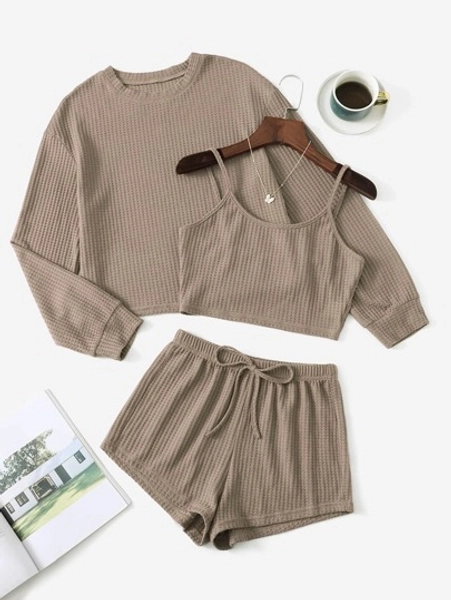 Drop Shoulder Waffle Knit Top & Cami Top & Shorts Lounge Outfits Set With Tee, Lounge Outfit Cozy And Elegant Details, Fall Winter Clothes